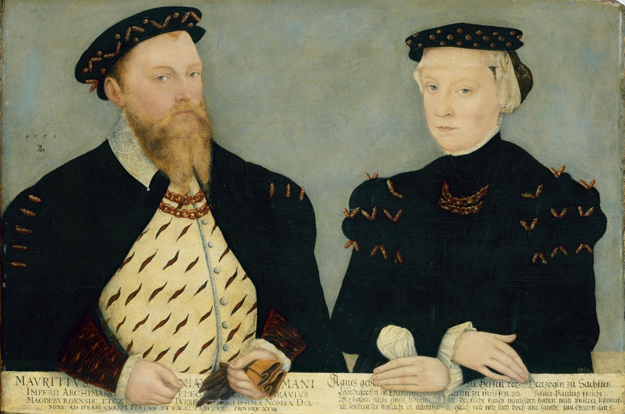 Saksa: Saksin vaaliruhtinas Moritz (1521-1553) ja hänen vaimonsa Agnes (1527-1555) Moritz, Saksin vaaliruhtinas ja hänen vaimonsa Agnes. tekijältä Lucas Cranach the Younger