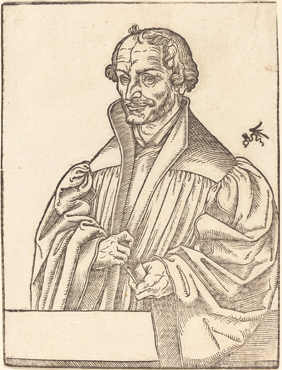 Philip Melanchton, puolipitkä vasemmalle, seisoo rintakehän takana tekijältä Lucas Cranach the Younger
