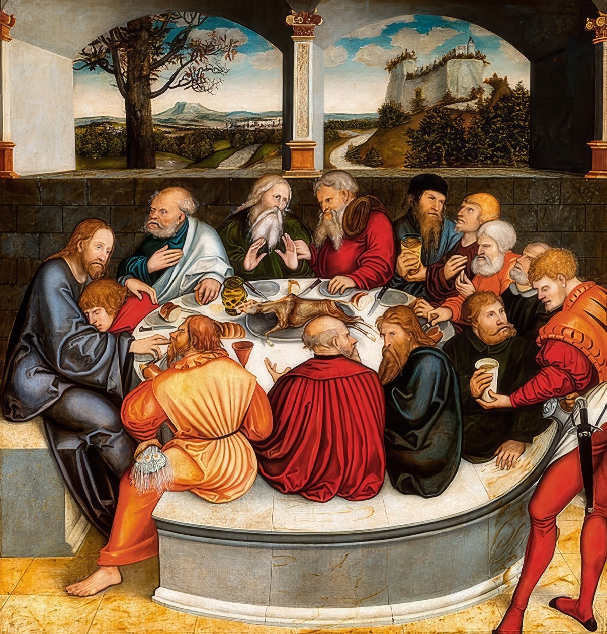 Uskonpuhdistusalttari, keskipaneeli edessä: Martti Luther apostolien joukossa Herran ehtoollisella. 1546/47 tekijältä Lucas Cranach the Younger