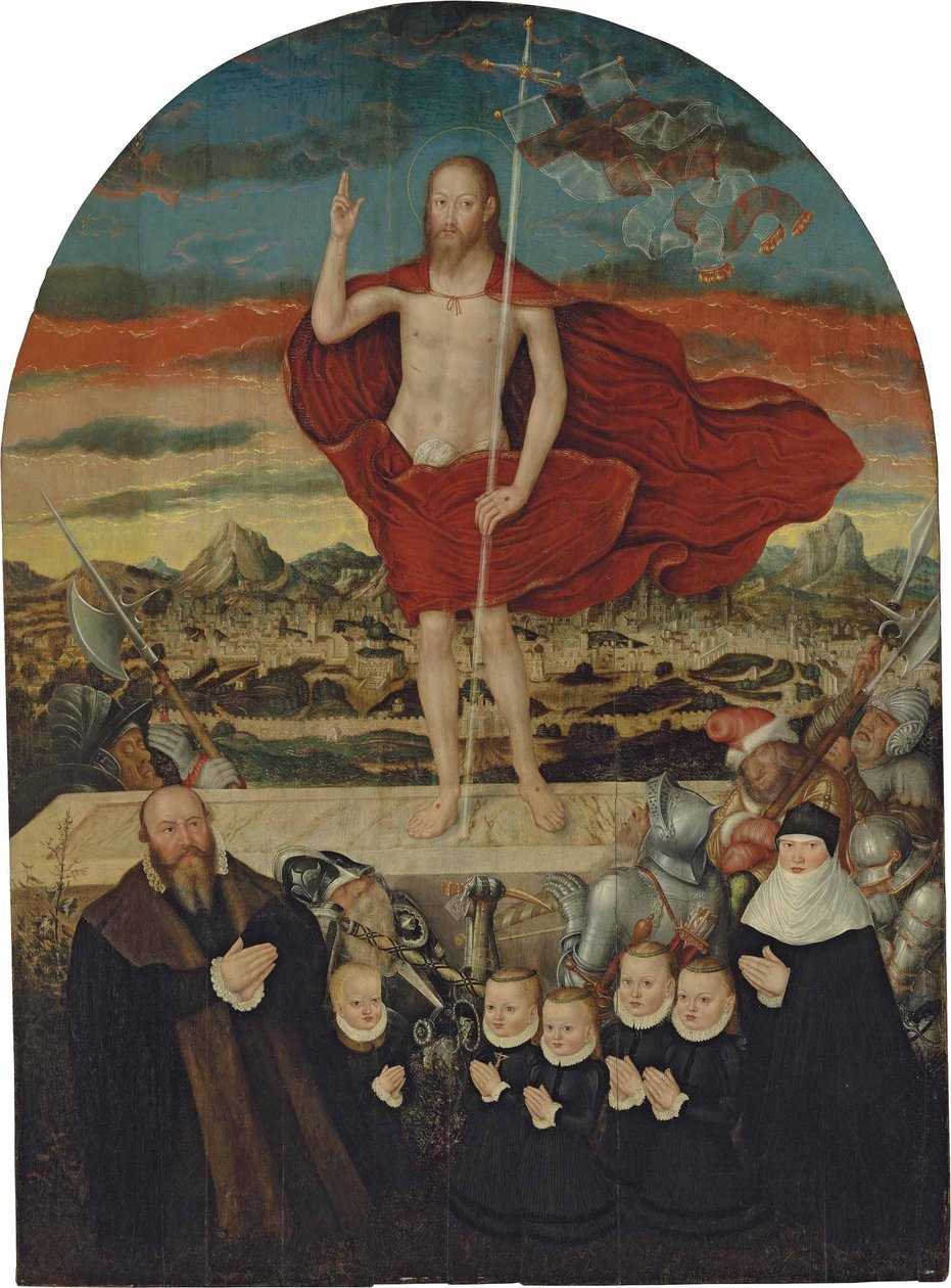 Ylösnoussut Kristus luovuttajaperheen kanssa tekijältä Lucas Cranach the Younger