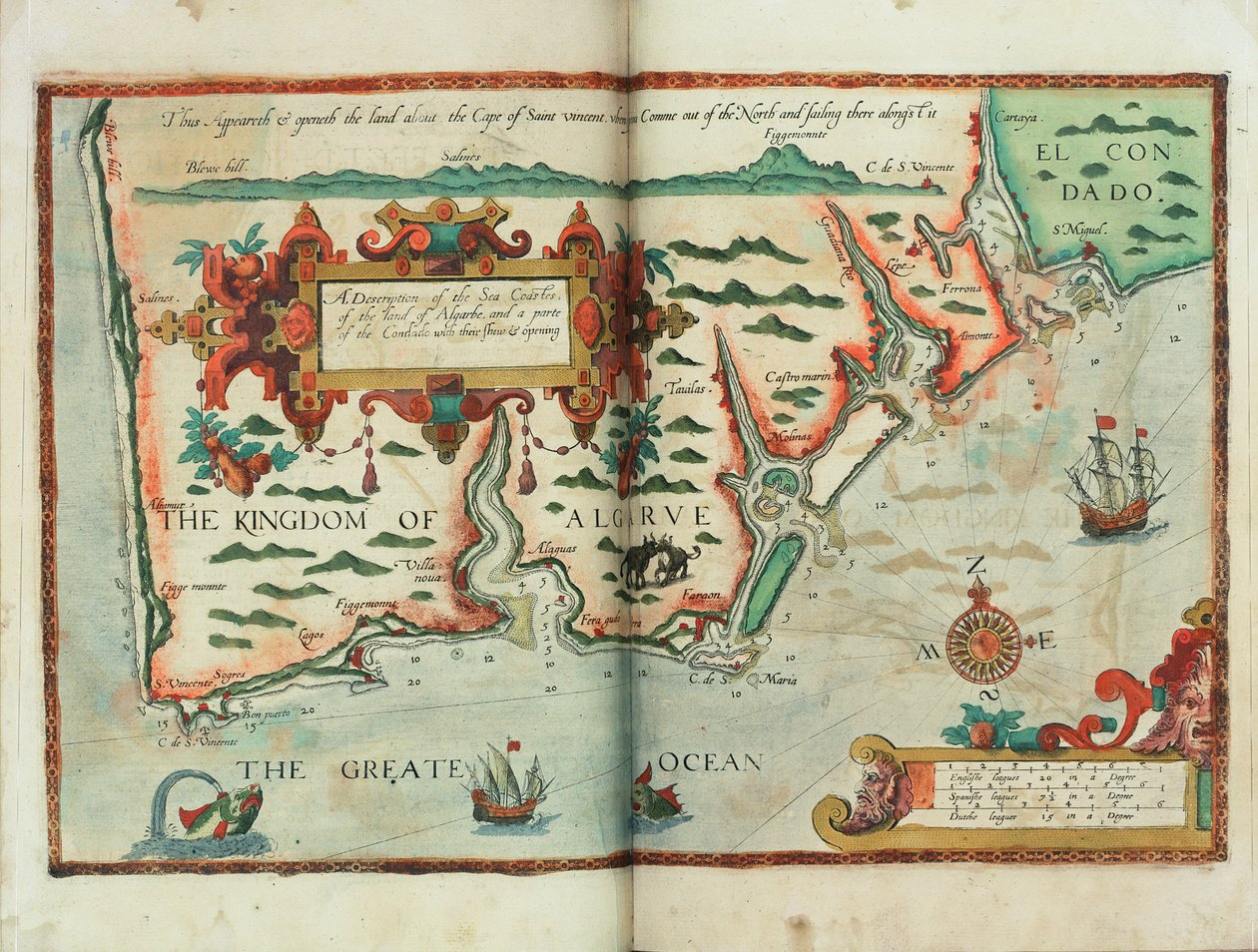 Kuvaus merenrannikosta, Algarben maasta ja osasta Condadoa sekä niiden leikkauksista ja avauksista, noin 1588 (piirustus). tekijältä Lucas Janszoon Waghenaer