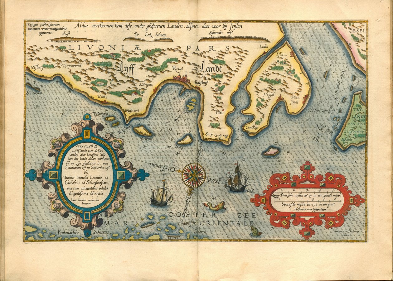 Livonie (Nord de la Lituanie actuelle) - Liivinmaan kartta (Die custe va Lijfflandt eijlanden daer beneffensin kanssa...) - Waghenaer, Lucas Jansz. (1533/34-1606) - 1586 - Kuparikaiverrus, akvarelli - Yksityiskokoelma tekijältä Lucas Janszoon Waghenaer