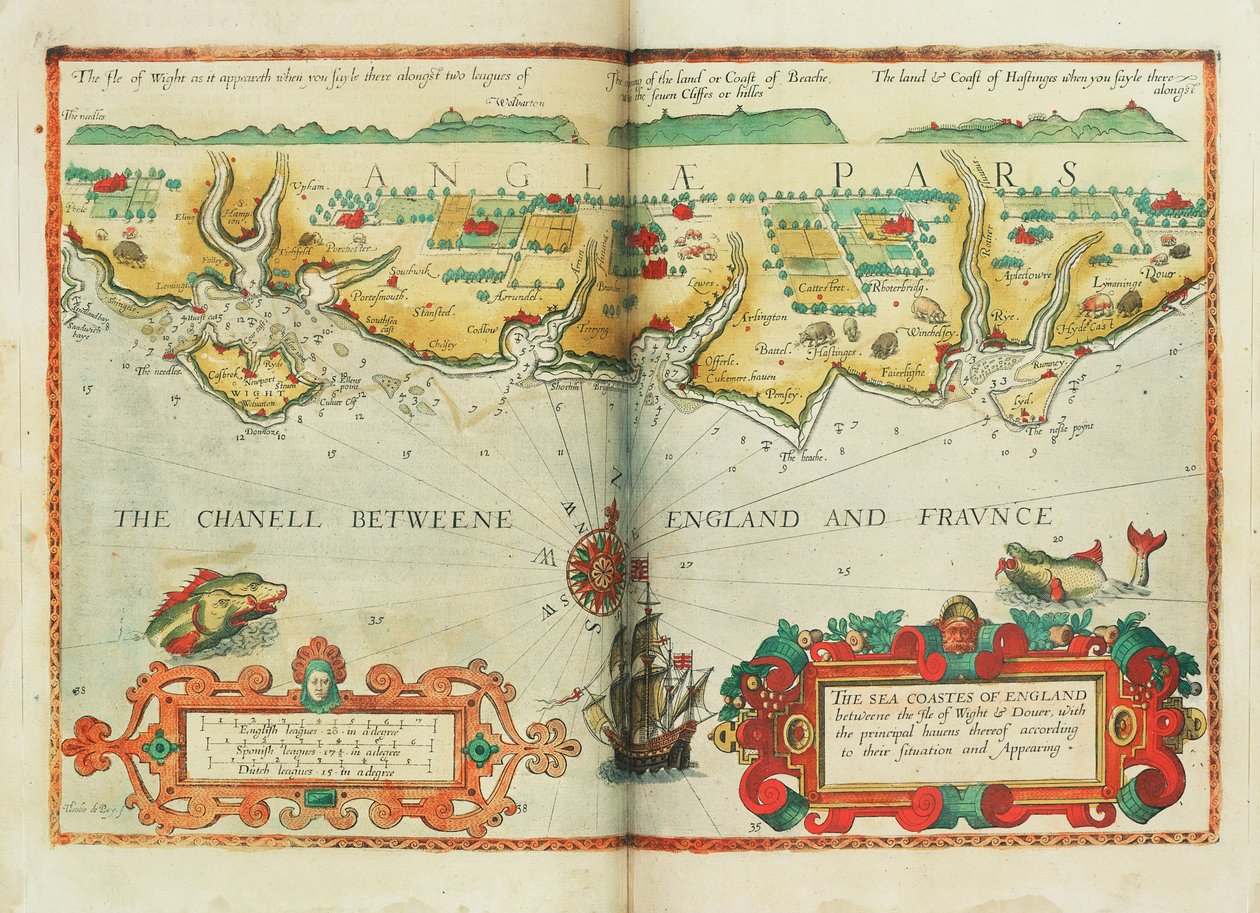 Englannin merirannikot Wightin saaren ja Doverin välillä, sekä niiden tärkeimmät satamat sijaintinsa ja ulkonäkönsä mukaan, noin 1588 (kartta). tekijältä Lucas Janszoon Waghenaer