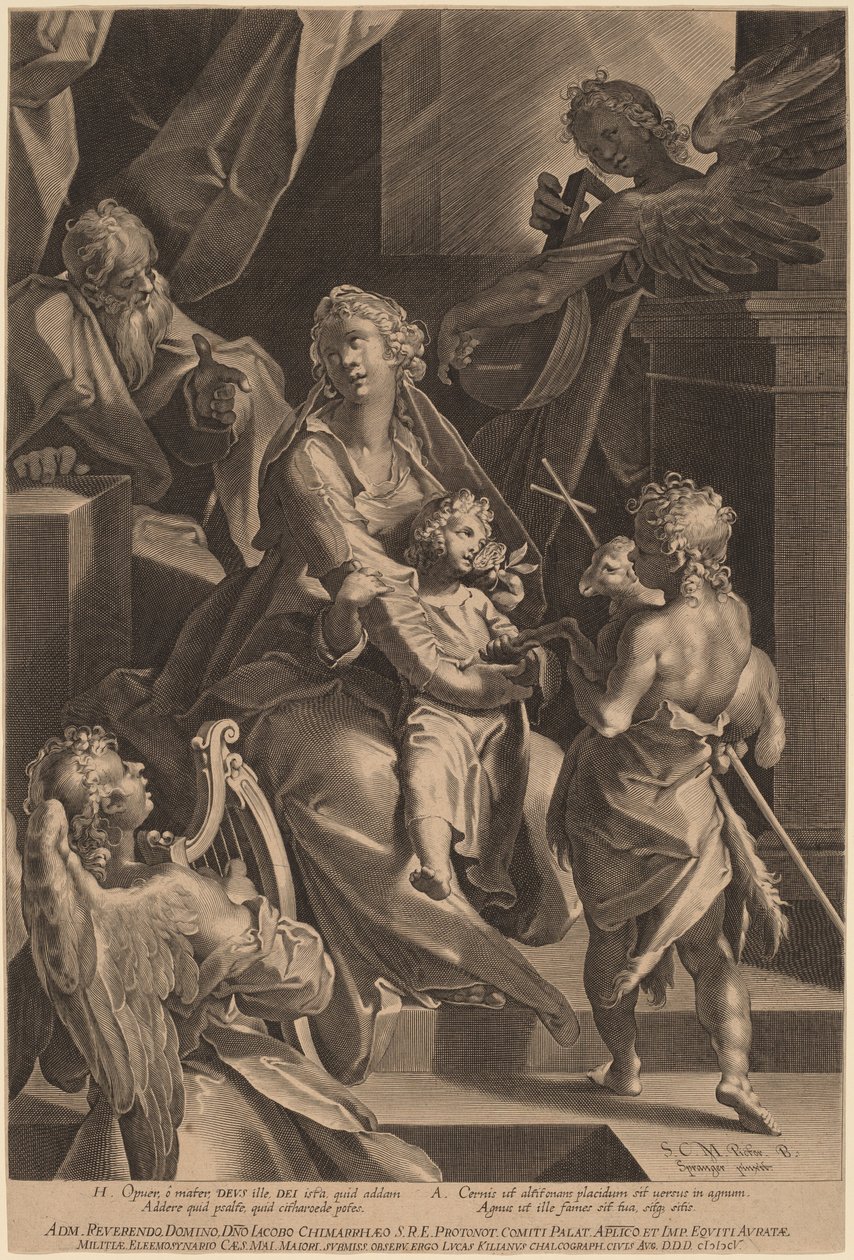 Pyhä perhe ja kaksi enkeliä tekijältä Lucas Kilian, after Bartholomaeus Spranger