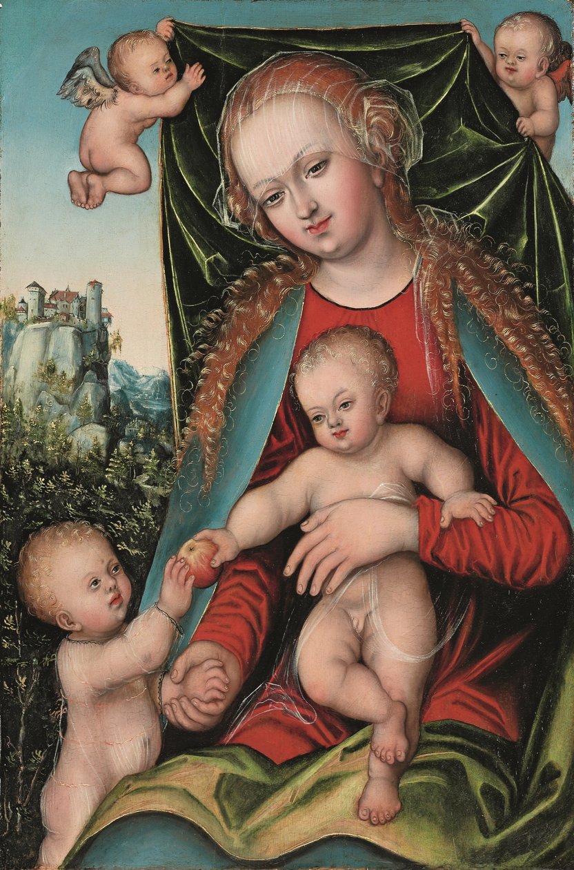 Pyhä neitsyt ja lapsi, pikkulapsi Pyhä Johannes Kastaja ja enkelit, metsämaisema, jonka takana on linnoitus kallion laella, n. 1512 (öljy paneelille) tekijältä Lucas The Elder (studio of) Cranach