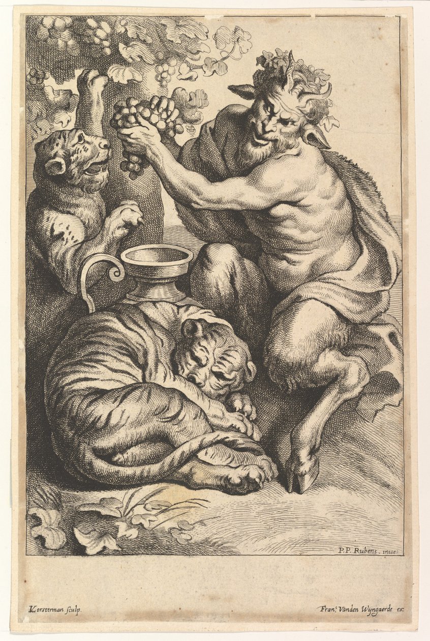 Satyr rypäleillä ja kahdella tiikereillä, 1614-1679. tekijältä Lucas Vorsterman II