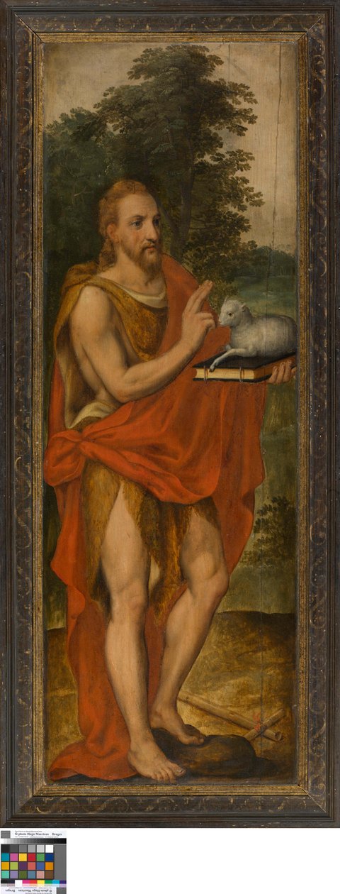 Johannes Kastaja (vasemmalla), lahjoittaja (oikealla), Vanitas (suljettu), Lucas de Heere, Gentin taidemuseo, S-101, avoin vasen paneeli. tekijältä Lucas de Heere