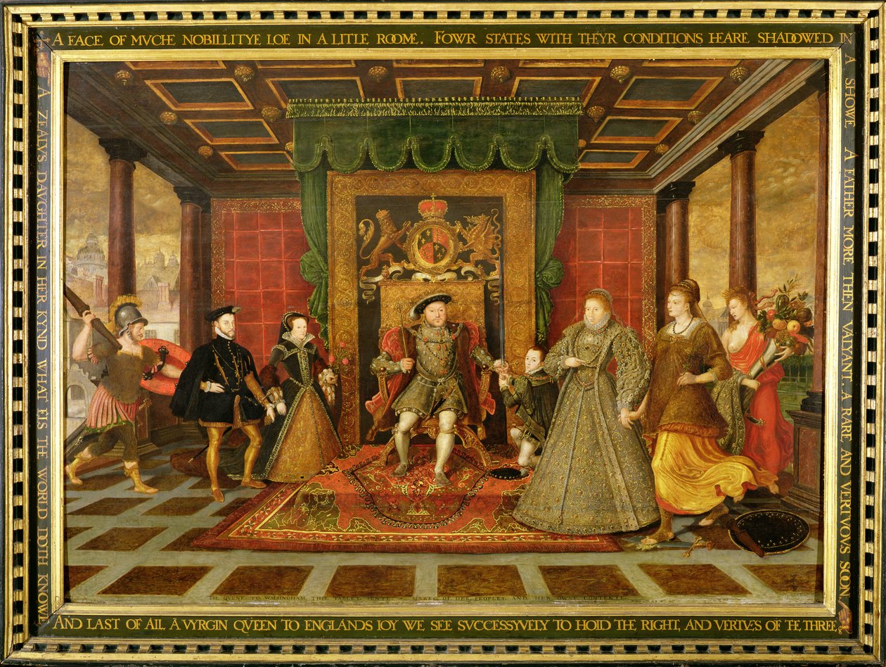 Henrik VIII:n suku: Tudorien perimyslegoria, noin 1572 (öljy paneelille). tekijältä Lucas de Heere