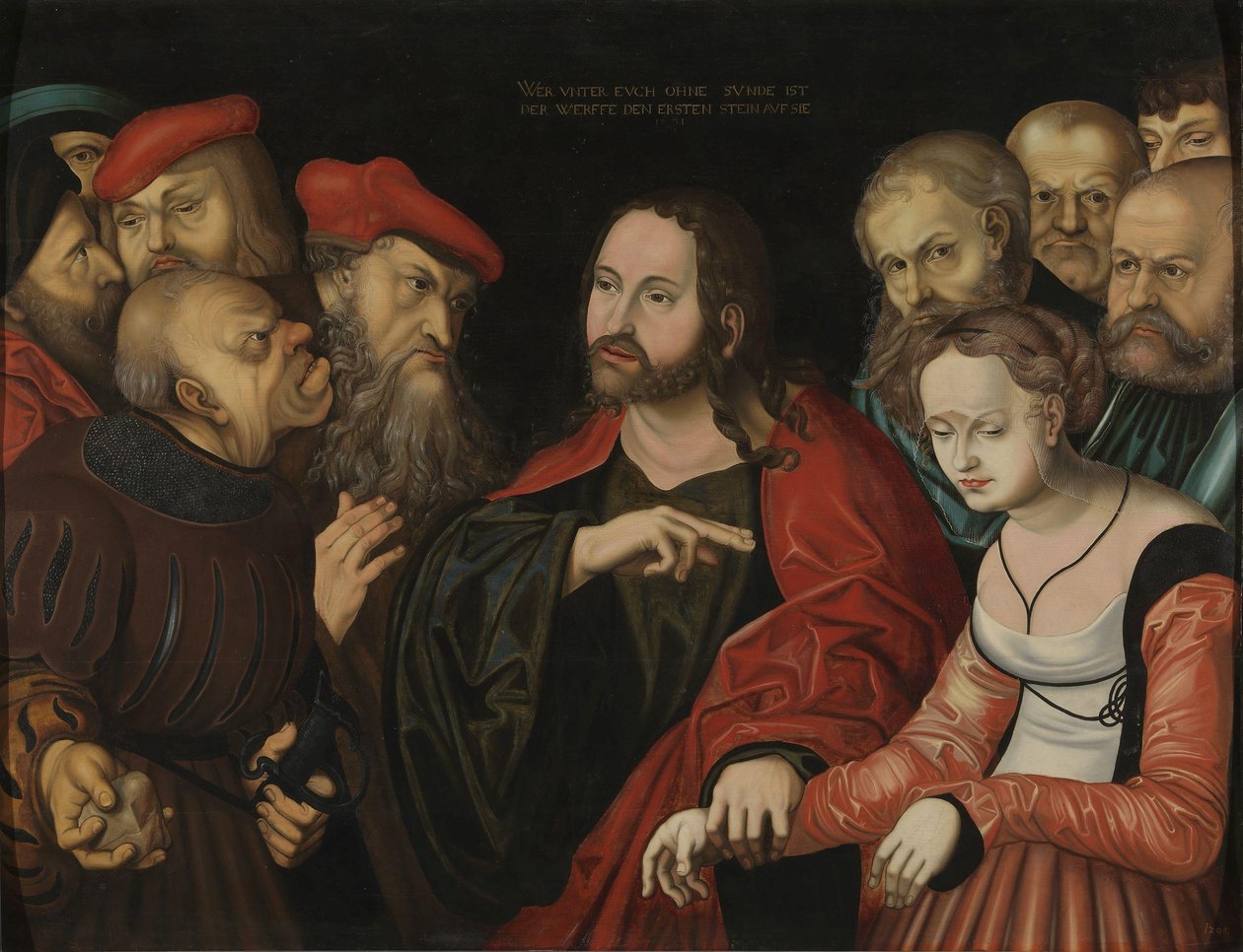 Kristus ja aviorikoksesta otettu nainen, n. 1700 (öljy puulle) tekijältä Lucas the Elder (after) Cranach