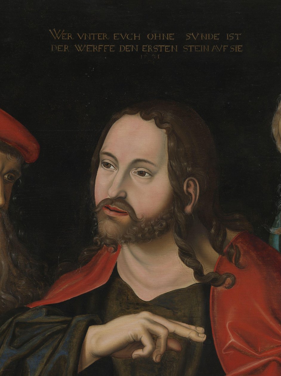 Kristus ja aviorikoksesta otettu nainen, yksityiskohta, n. 1700 (öljy puulle) tekijältä Lucas the Elder (after) Cranach