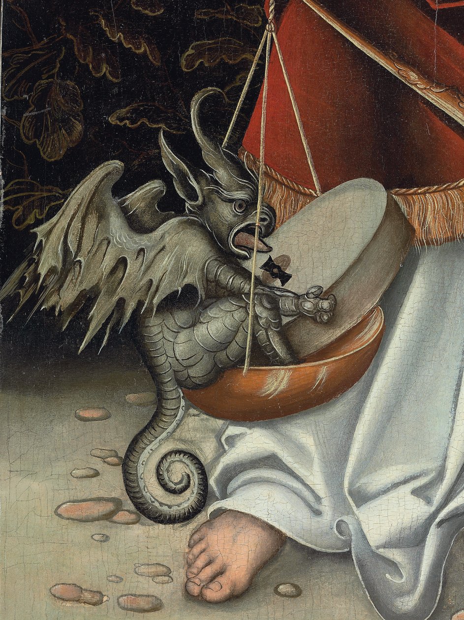 Arkkienkeli Mikael pitelee oikeuden vaakoja (yksityiskohta) (öljy paneelissa) tekijältä Lucas the Elder (workshop of) Cranach
