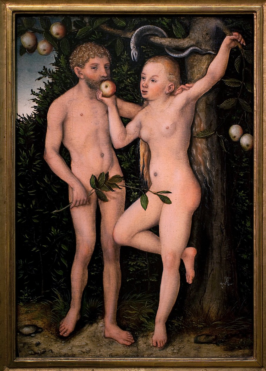 Aatami ja Eeva. Lucas Cranachin entisen maalaus (1472-1553), noin 1538. Flanderin taidetta 1500-luvulta. Kansallisgalleria, Sternbergin palatsi, Praha (Tšekki). tekijältä Lucas the Elder Cranach