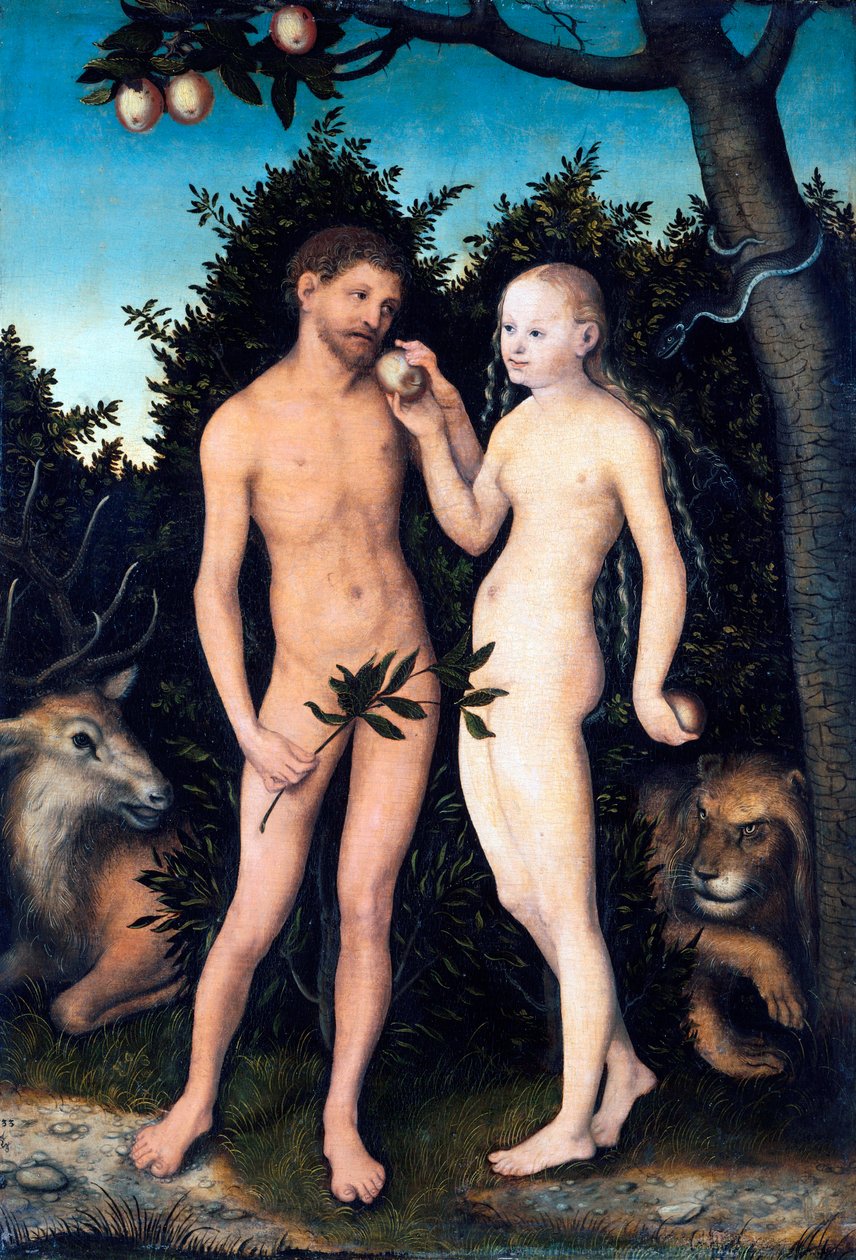 Lucas Cranach vanhemman (1472-1553) maalaus "Aadam ja Eeva paratiisissa" 1531 Staatliche Museen, Berliini Saksa ©DeAgostini/Leemage tekijältä Lucas the Elder Cranach