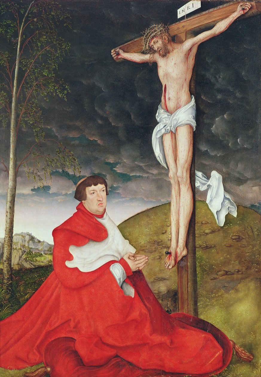 Albert, Mainzin vaaliruhtinaskunnan kardinaali Ristin juurella (öljy paneelissa) tekijältä Lucas the Elder Cranach