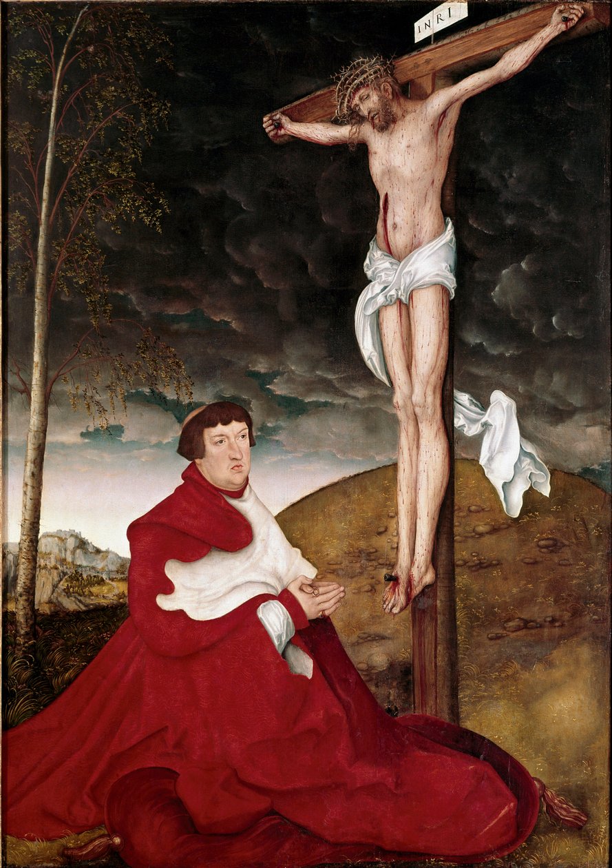 Kardinaali Albert von Brandenburg palvomassa krusifiksia Lucas Cranach vanhemman maalaus (1472-1553) tekijältä Lucas the Elder Cranach