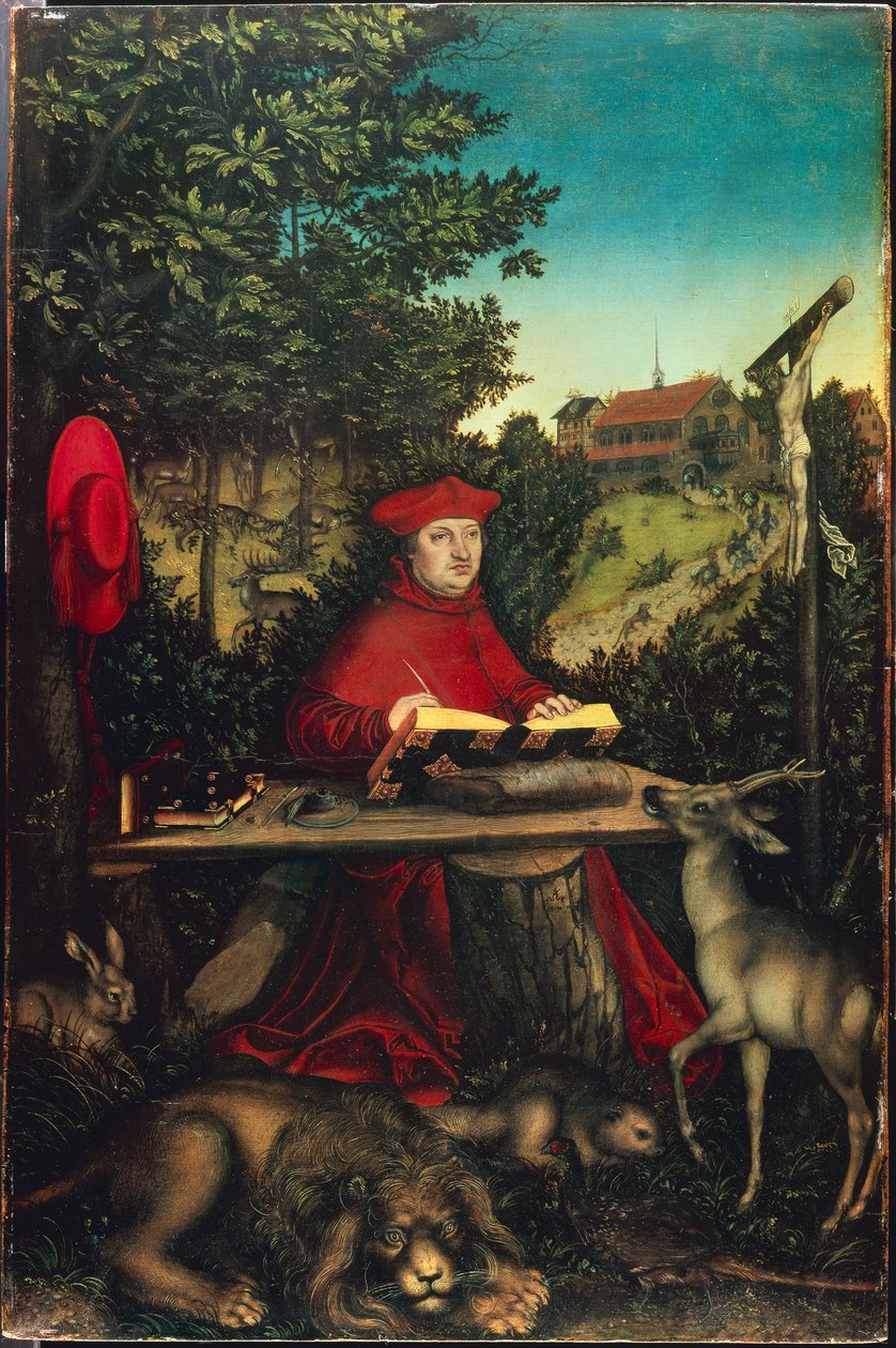 Brandenburgilainen kardinaali Albrecht (1490-1545) Pyhänä Hieromuksena, kirjoittanut Cranach, Lucas, vanhempi (1472-1553). Öljy puulle tekijältä Lucas the Elder Cranach