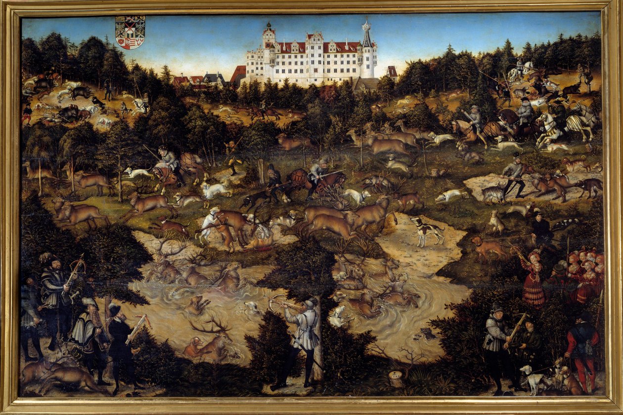 Metsästystä Kaarle V:n kunniaksi Torgaun linnassa (Saksa). Lucas Cranach vanhemman maalaus (1472-1553) tekijältä Lucas the Elder Cranach
