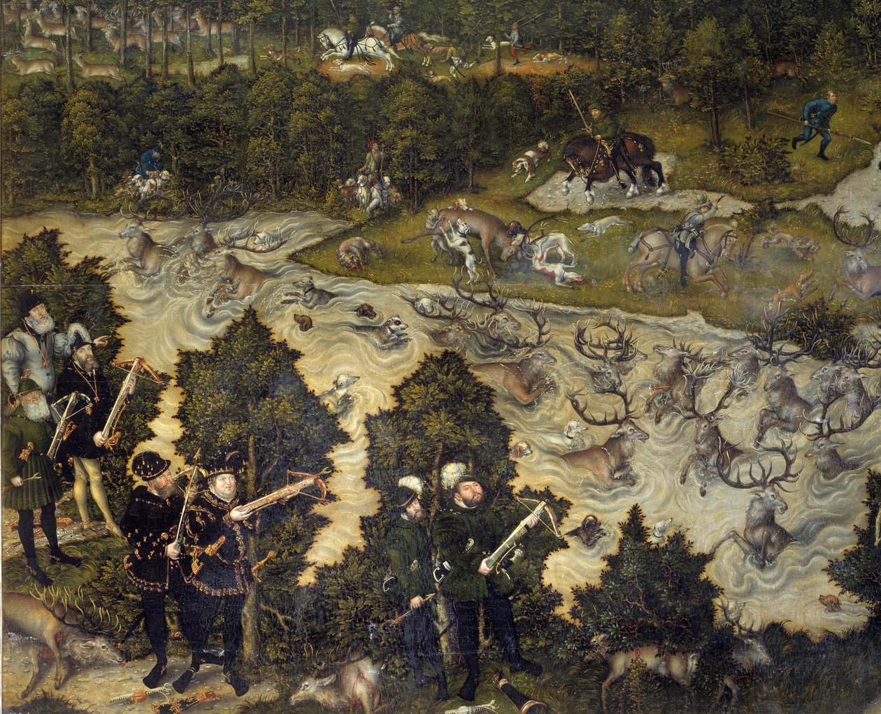 Metsästystä Kaarle V:n kunniaksi Torgaun linnassa Saksassa Keisari edustaa luultavasti vasemmalla. Yksityiskohta. Lucas Cranach vanhemman (1472-1553) maalaus. 16. vuosisata. Madrid. Pradon museo tekijältä Lucas the Elder Cranach