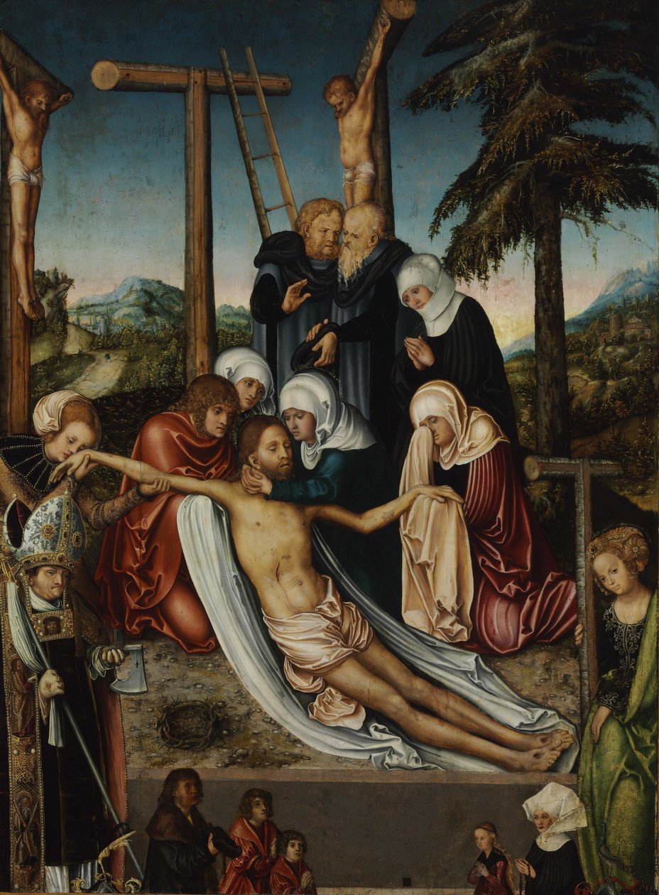 Lamentation du Christ mort avec Saint Wolfgang, Ste Helene - Valituslaulu Kristuksesta pyhien Wolfgangin ja Helenan kanssa par Lucas Cranach vanhin (1472-1553), n. 1525 - Öljy puulle, 47,6x32,3 - Szepmuveszeti Muzeum, Budapest tekijältä Lucas the Elder Cranach