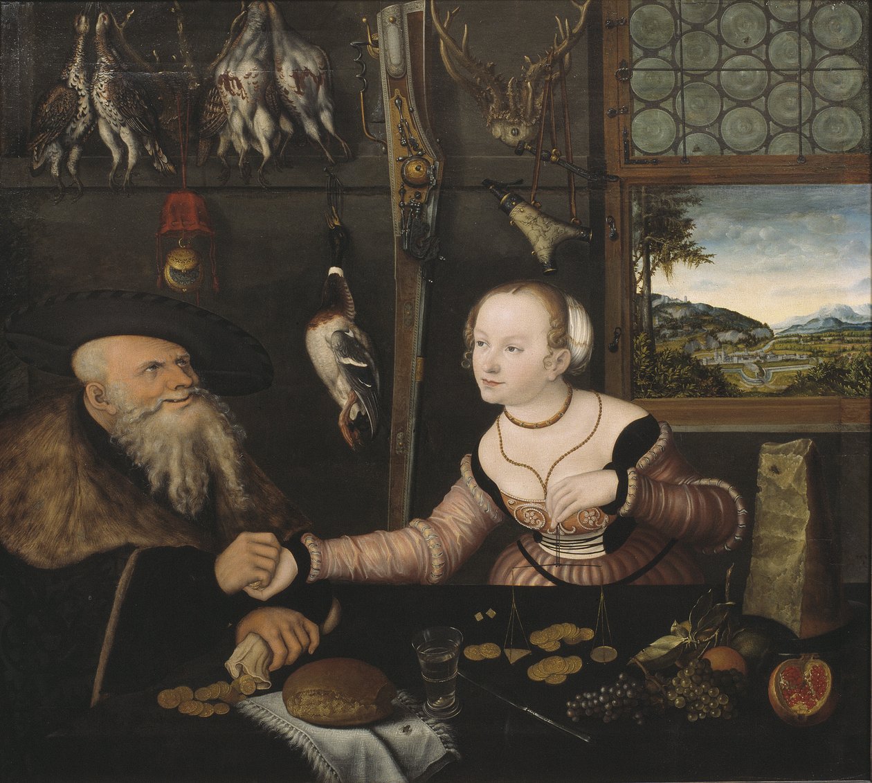 Le couple mal assorti - huonosti sovitettu pariskunta, kirjoittanut Cranach, Lucas, vanhempi (1472-1553). Öljy puulle tekijältä Lucas the Elder Cranach