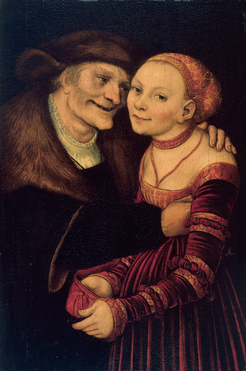 Le couple mal assorti - Epätasa-arvoinen pariskunta - Cranach, Lucas, vanhempi (1472-1553) - 1517 - Öljy puulle - 27,3x18 - Museu Nacional d