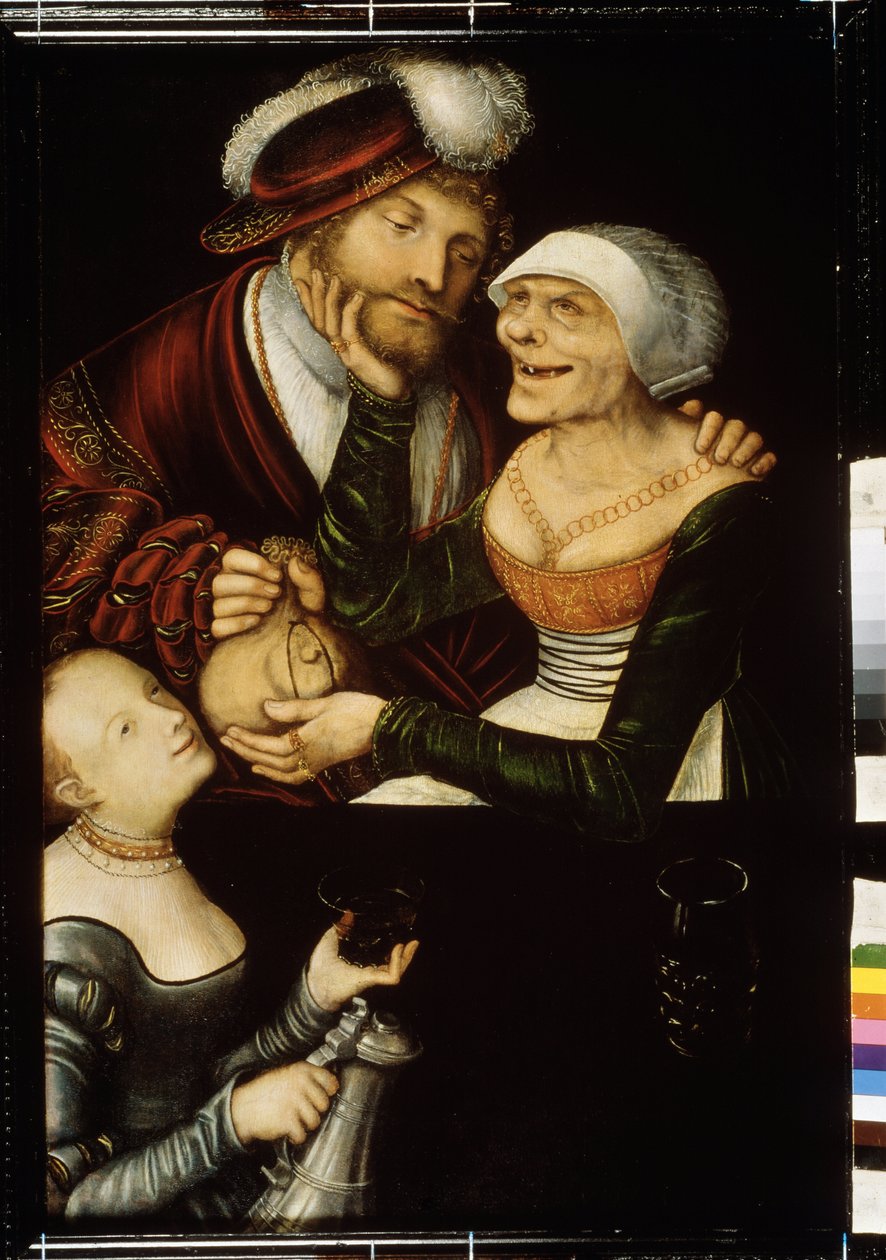 ""Procure"" (The Procure) Hampaaton vanha parittaja ottaa asiakkaan kukkaron vastineeksi haastattelusta prostituoidun kanssa. Lucas Cranach vanhemman (1472-1553) maalaus noin 1530 Georgian osavaltion taidemuseo, Tiflis (Tbilisi) Georgia tekijältä Lucas the Elder Cranach