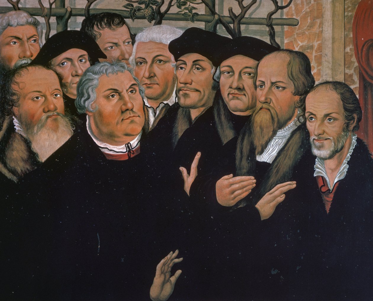 Martti Luther protestanttisen uskonpuhdistuksen edustajien kanssa, oikealla Melanchthon, keskellä Erasmus Rotterdamilainen, yksityiskohta Lasaruksen ylösnousemuksesta, Lucas Cranach Vanhin (1472-1553) maalaus tekijältä Lucas the Elder Cranach