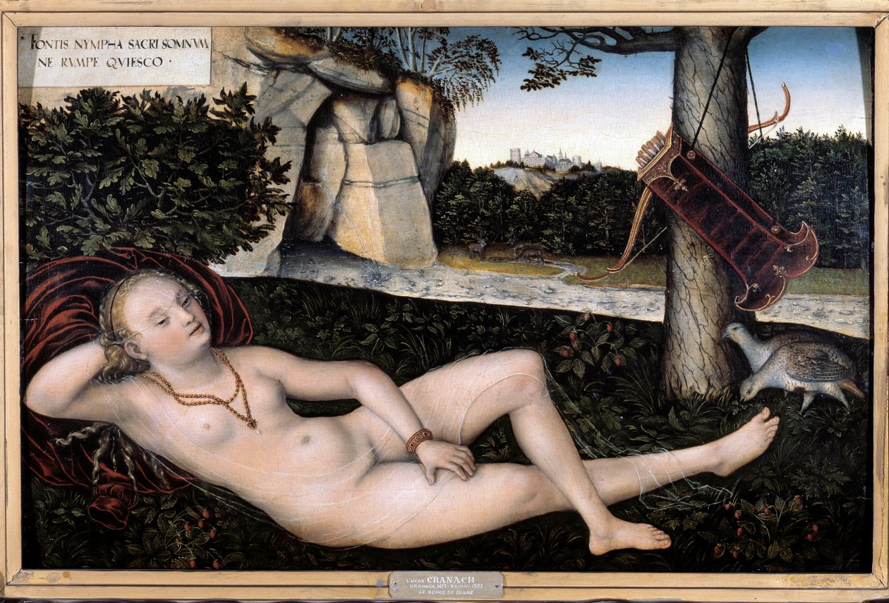 Nymfi lähteellä tai "" Loput Dianesta"" Lucas Cranach vanhemman (1472-1553) maalaus Noin 1537. Besancon, Museum of Fine Arts tekijältä Lucas the Elder Cranach