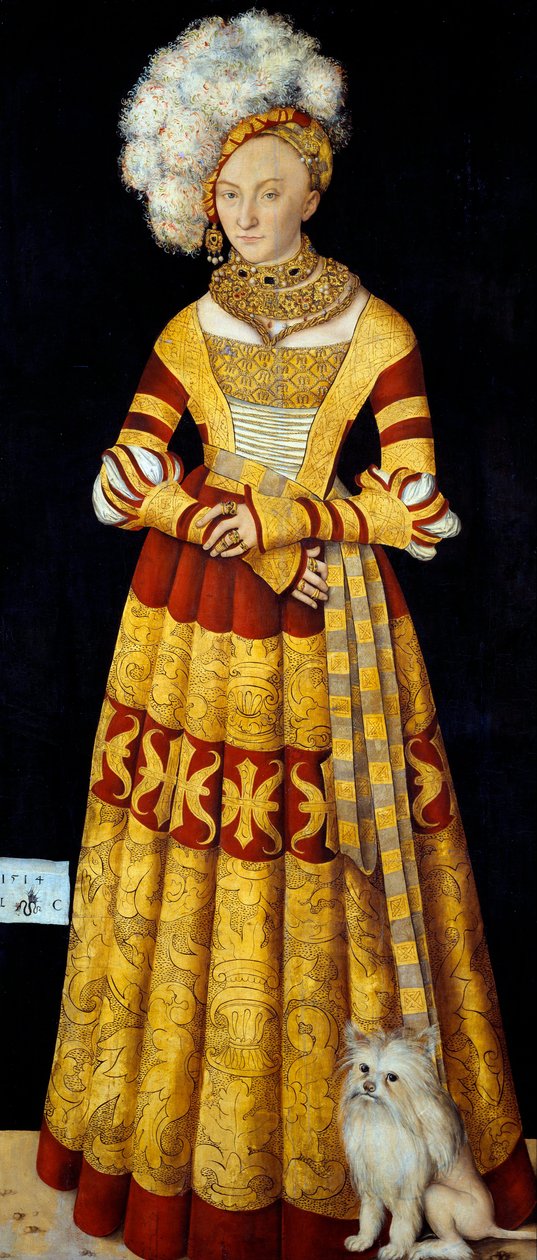 Catherine de Mecklenburgin (Mecklembourg) muotokuva (1487-1561)"" Lucas Cranach vanhemman (1472-1553) maalaus 1514 Dim. 184 x 83 cm (per paneeli) Dresdenin osavaltion taidekokoelmat tekijältä Lucas the Elder Cranach