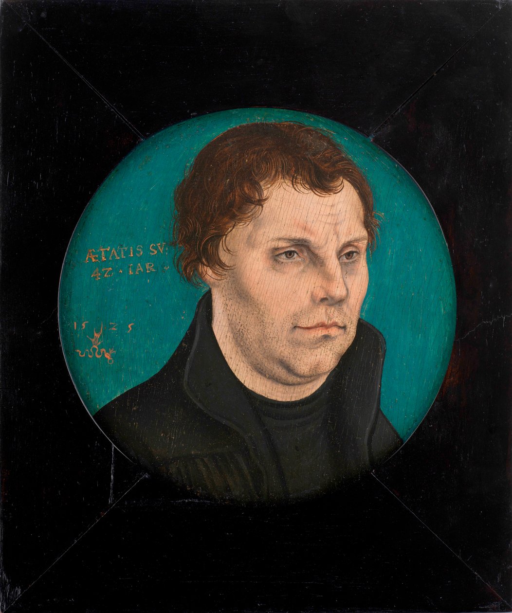 ""Muotokuva Martin Lutherista (1483-1546)"" Lucas Cranach vanhemman (1472-1553) maalaus Öljy puulle 1525 Halkaisija 12,5 cm Yksityiskokoelma tekijältä Lucas the Elder Cranach
