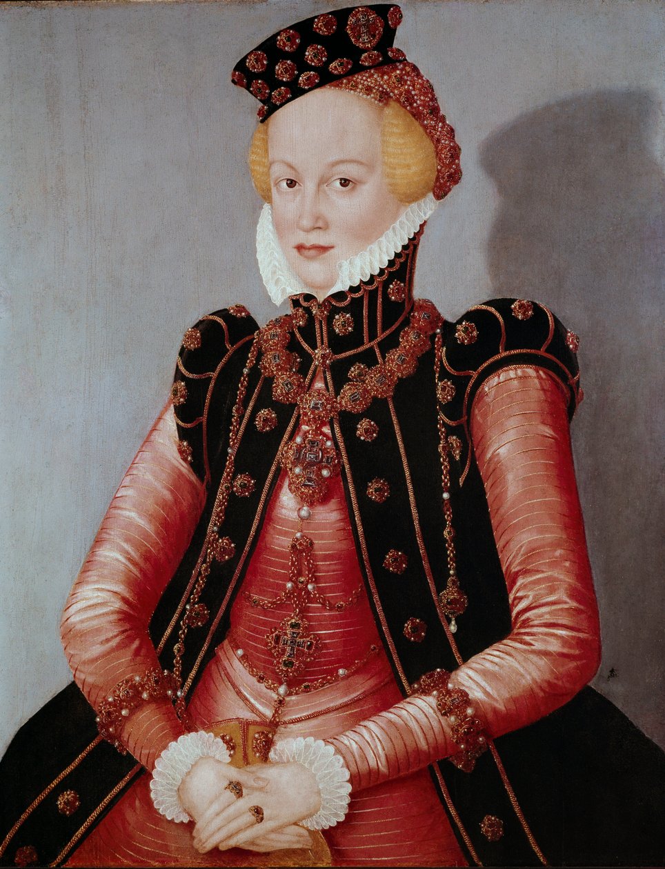 Ladyn muotokuva Nuoresta naisesta, joka on runsaspukeutunut, yllään hattu ja jalokivikoristelu. Lucas Cranach vanhemman (1472-1553) maalaus Dim. 87 x 69 cm Münchenin Alte Pinakothek tekijältä Lucas the Elder Cranach
