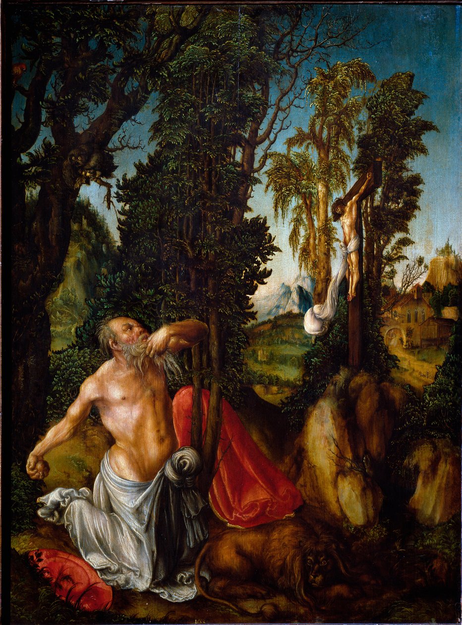 Pyhä Jerome katumusmaalauksessa, Lucas Cranach vanhin (1472-1553) 1502 su. 55,5x41,5 cm Wien, Kunsthistorisches Museum tekijältä Lucas the Elder Cranach