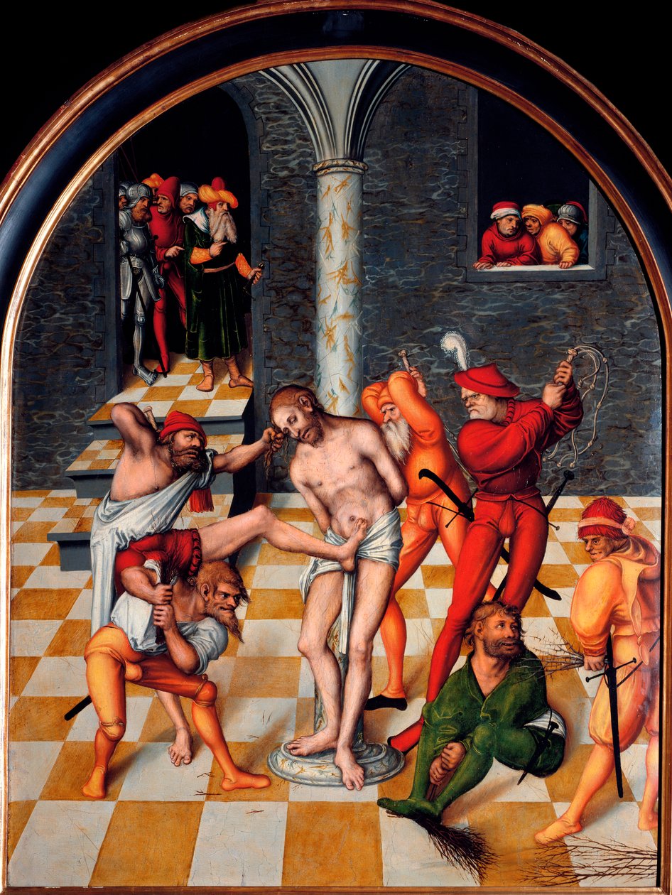 Lucas Cranach vanhemman (1472-1553) maalaus Kristuksen ruoskiminen. 1538. Dim. 108x84 cm Wien. Taidehistoriallinen museo tekijältä Lucas the Elder Cranach