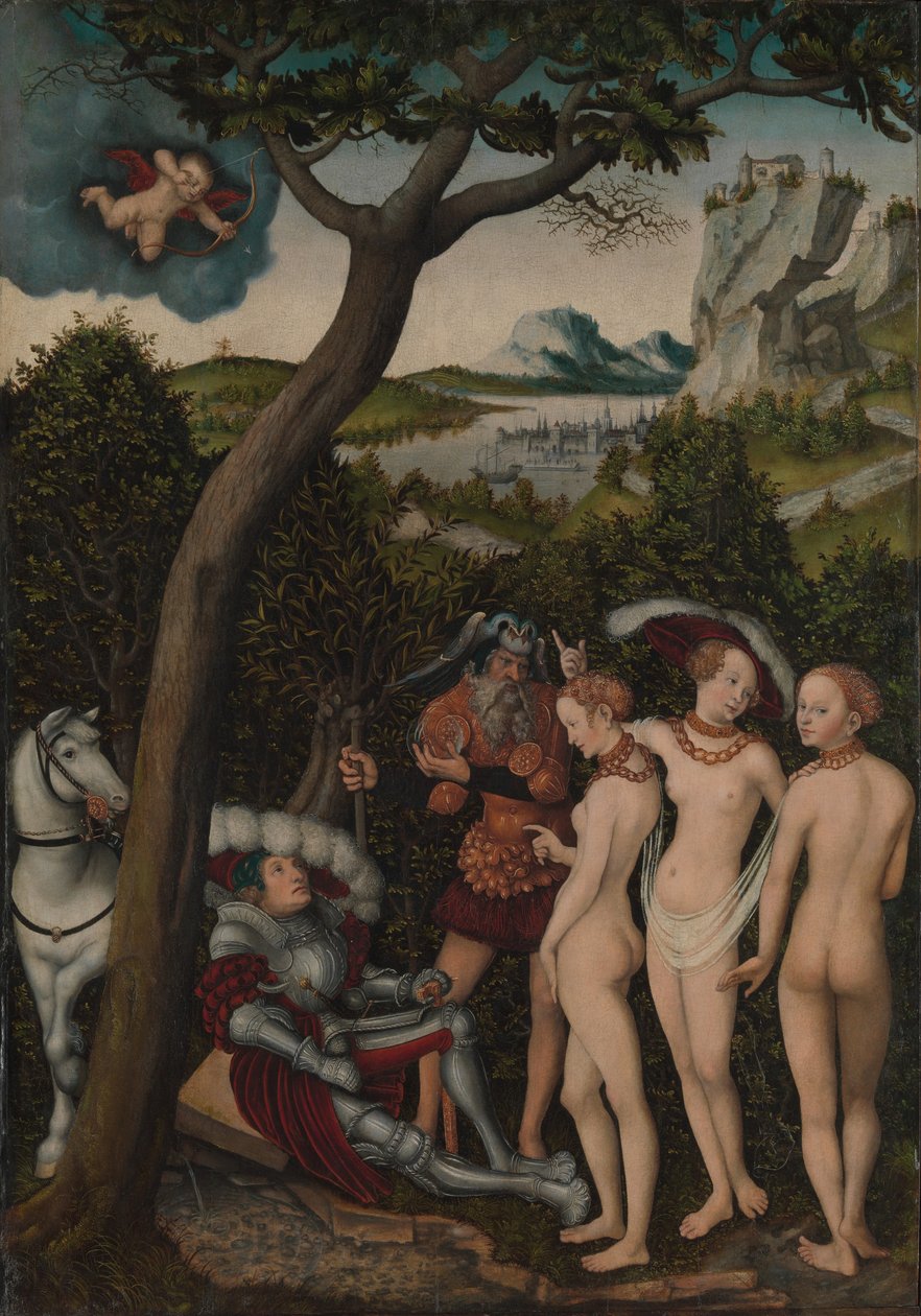 Pariisin tuomio, n. 1528 (öljy pyökkiin) tekijältä Lucas the Elder Cranach