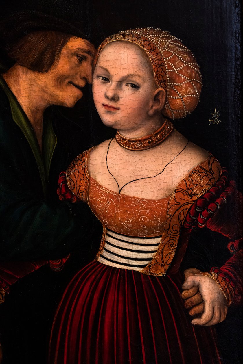 Rakastunut vanhus tai Epäsopivat rakastavaiset, yksityiskohta, n. 1530 (öljy puulle) tekijältä Lucas the Elder Cranach