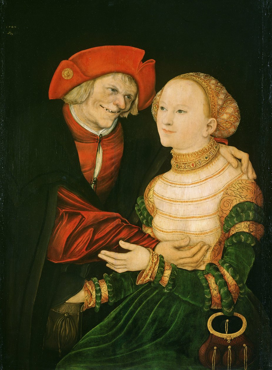 Epätasa-arvoinen pariskunta - Peinture de Lucas Cranach vanhin (1472-1553) - 1522 - Öljy puulle - 84,5x63 - Szepmuveszeti Muzeum, Budapest tekijältä Lucas the Elder Cranach