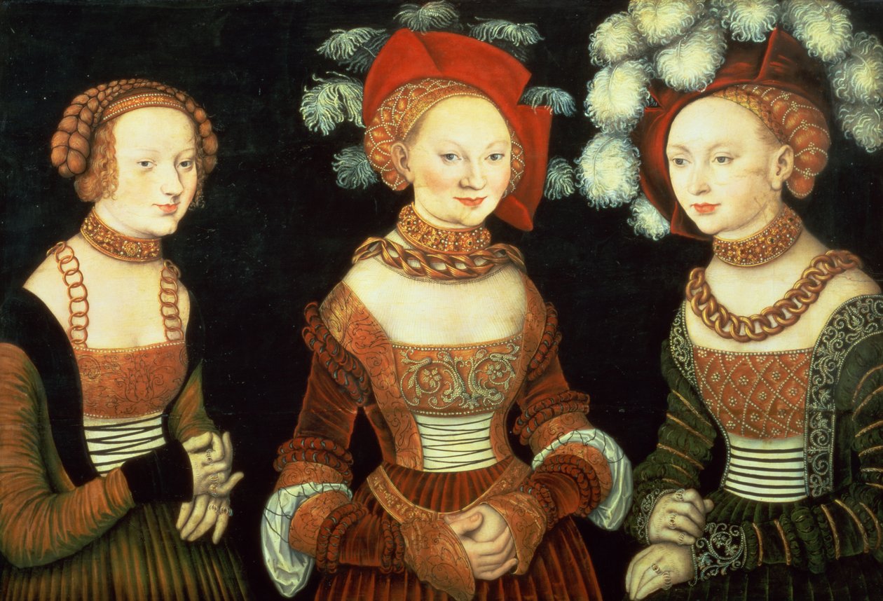 Kolme Saksin prinsessaa, Sibylla (1515-92), Emilia (1516-91) ja Sidonia (1518-75), Frommenin herttua Heinrichin tyttäret, n. 1535 (paneeli) tekijältä Lucas the Elder Cranach