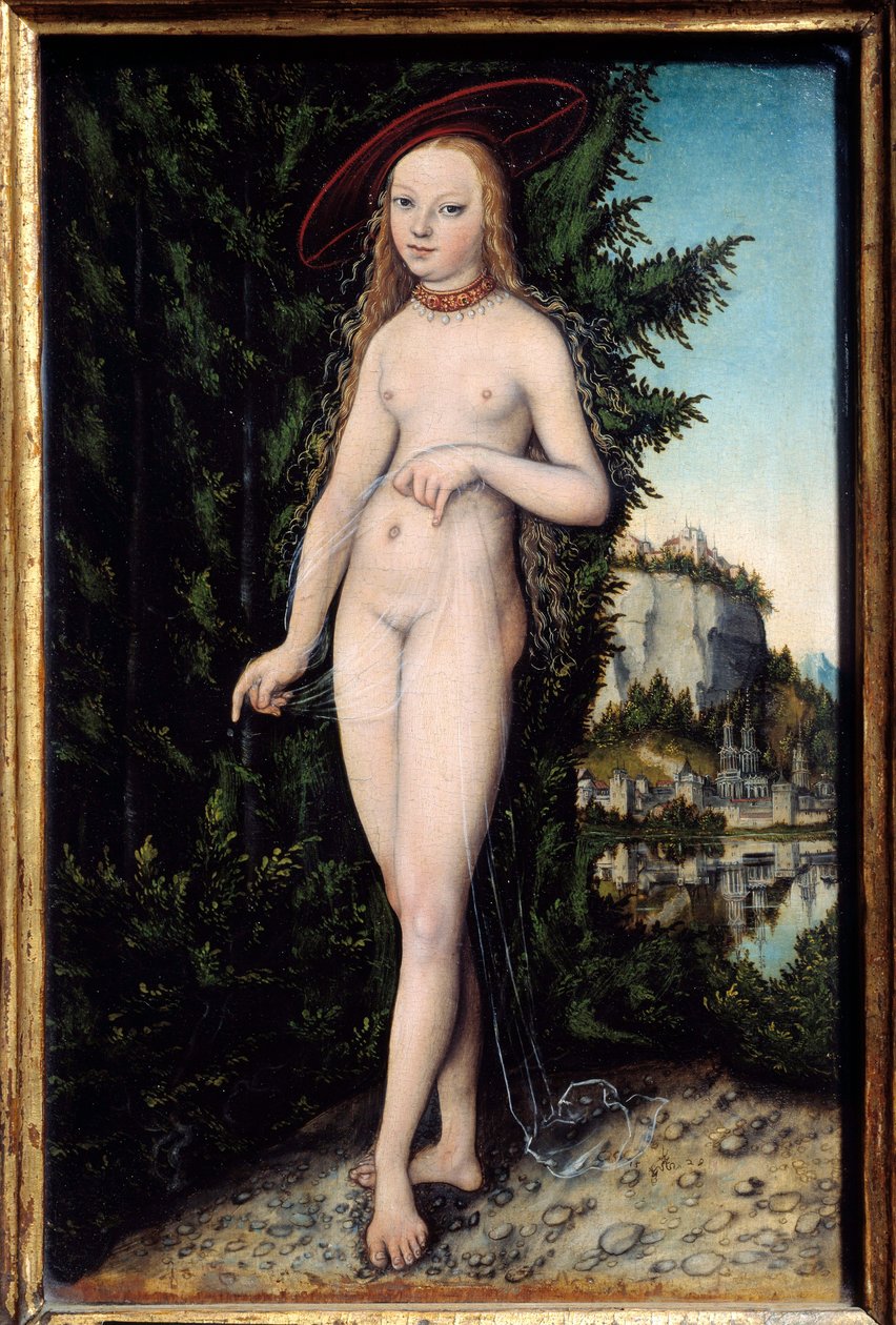 Venus seisomassa maisemassa Lucas Cranach vanhemman (1472-1553) maalaus 1529, öljy puulle, himm. 0,38x0,25 m - Venus seisoo maisemassa. Lucas Cranach vanhemman maalaus (1472-1553) tekijältä Lucas the Elder Cranach