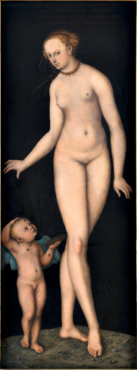 Venus ja Cupid the Honey Thief, kirjoittanut Cranach, Lucas, vanhempi (1472-1553). Öljy puulle, vuoden 1537 jälkeen. Mitat: 175,4x66,3 cm. Germanisches Nationalmuseum, Nürnberg tekijältä Lucas the Elder Cranach