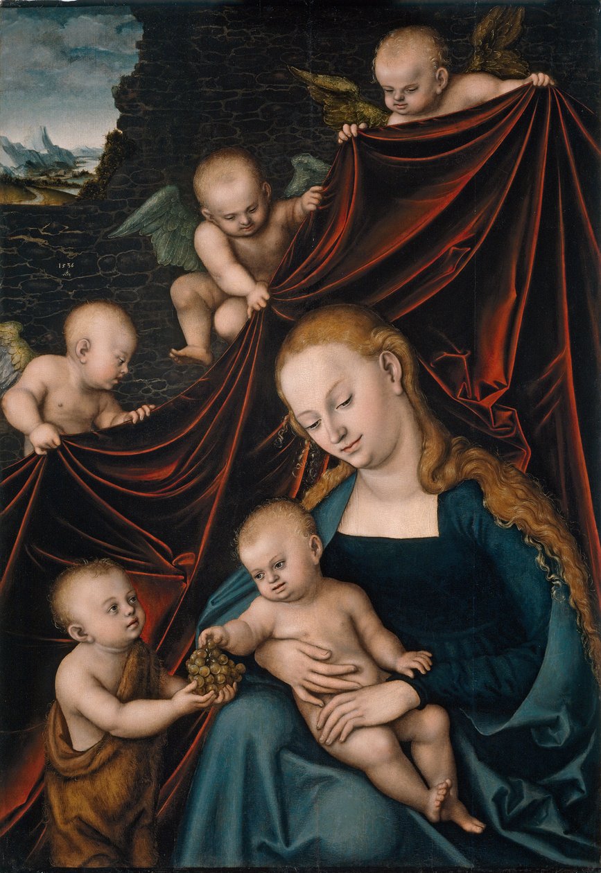 "Madonna ja lapsi Pyhän Johannes Kastajan kanssa enkelien ympäröimänä" (Neitsyt ja lapsi Pyhän Johanneksen ja enkelien kanssa) Lucas Cranach vanhemman (1472-1553) maalaus 1536 Koko 121,3x83,4 cm Museo del Prado, Madrid tekijältä Lucas the Elder Cranach
