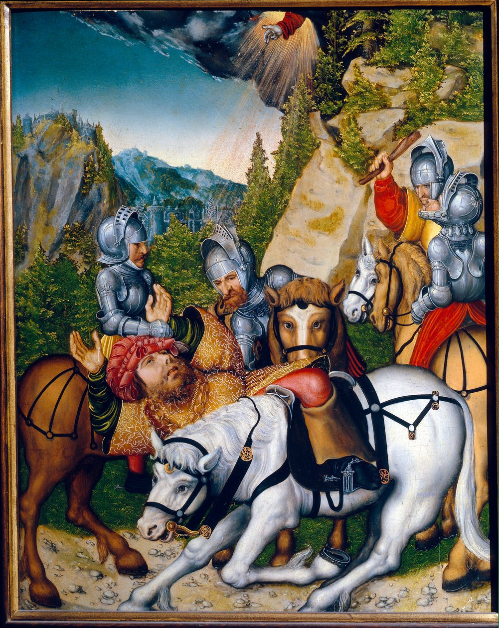 Käännös Damaskoksen tiellä (Syyria). (Kääntymys matkalla Damaskokseen). Pyhä Paavali (Saul) Tarsolainen (n. 8-n. 67). Lucas Cranach nuoremman maalaus (1515-1586), öljy puulle. saksalainen taide tekijältä Lucas the Younger Cranach