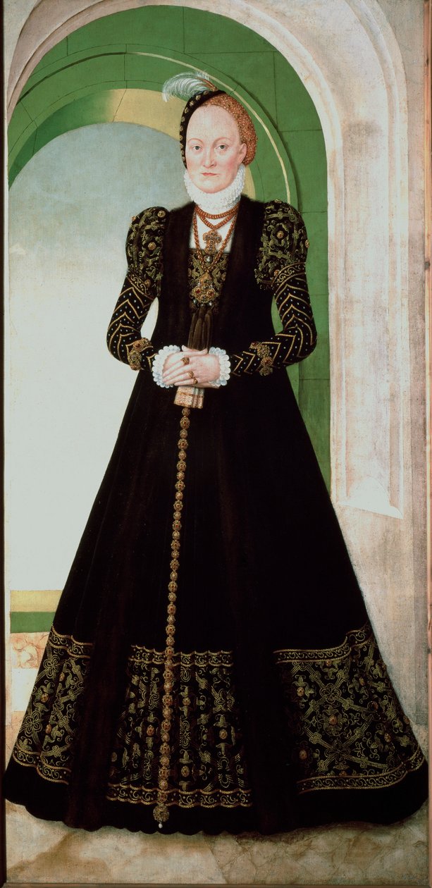 Tanskalaisen Annen (1532-1585) muotokuva Saksin ruhtinasruhtinas Augustuksen vaimo (1526-1586) Lucas Cranach Nuoren (1515-1586) maalaus 1565 su. 215x104 cm Wienin taidehistoriallinen museo tekijältä Lucas the Younger Cranach