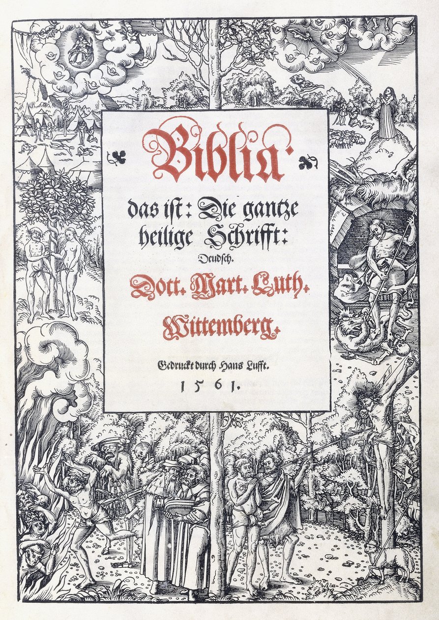 Nimilehti, jossa hieno kuvareunus teoksesta "Biblia, das ist: Koko pyhä kirjoitus: saksa", käännetty Martin Luther, 1560-1561 tekijältä Lucas the Younger Cranach
