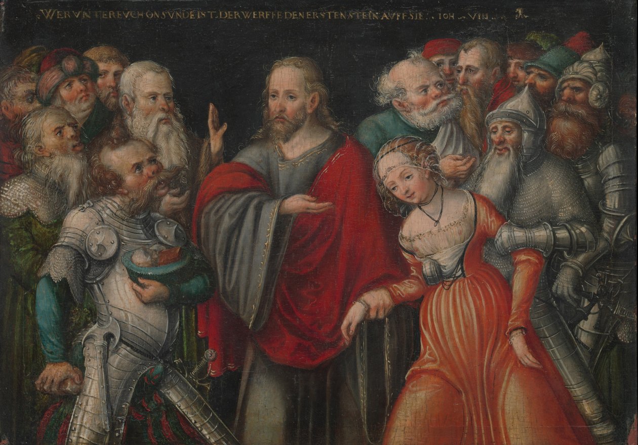Kristus ja avionrikkojatar, n.1545-50 (öljy pyökille). tekijältä Lucas the Younger studio of Cranach