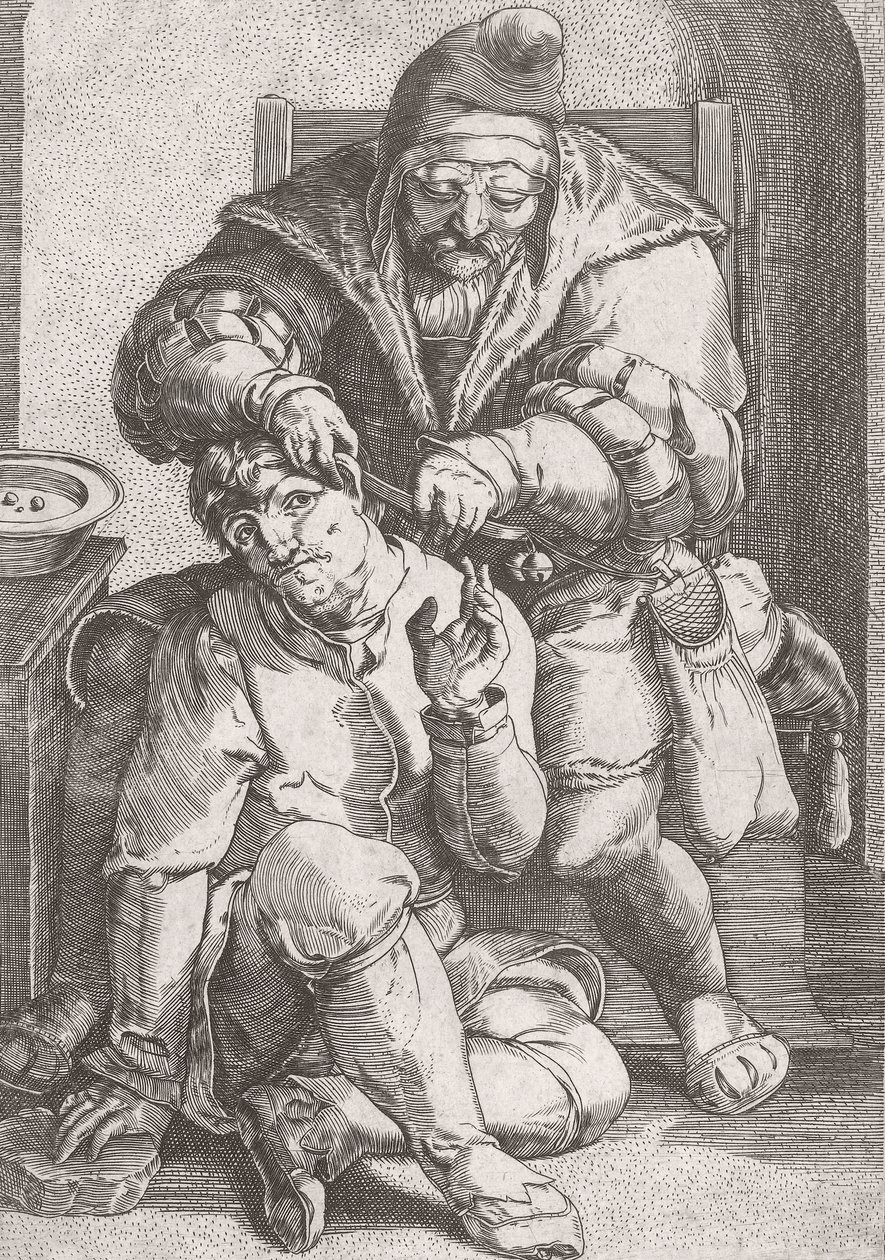 1600-luvun parturi, joka hoitaa potilaan korvaa. tekijältä Lucas van (after) Leyden