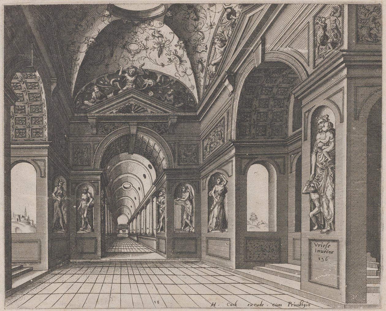 Groteskeilla koristetun ristiholvihallin sisätilat tekijältä Lucas van Doetechum and Johannes