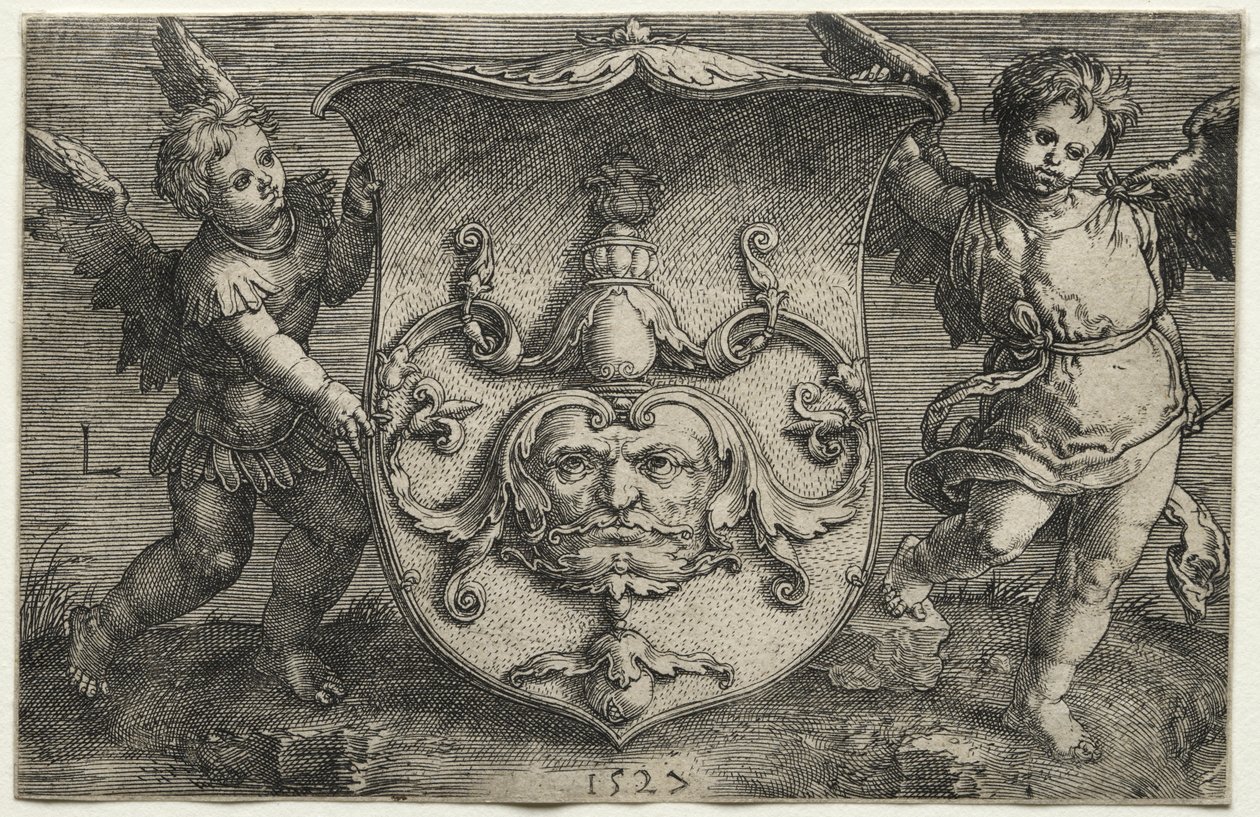 Kilpi, jossa on naamio, jota tukee Two Genii, 1527. tekijältä Lucas van Leyden