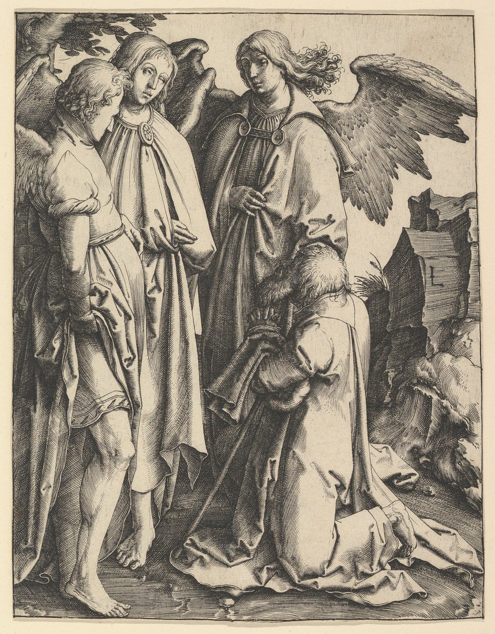Abraham ja kolme enkeliä, n. 1513. tekijältä Lucas van Leyden