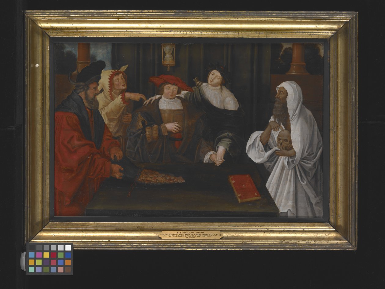 Allegoria nuorten ylistämisestä maineen ja hulluuden välillä (öljy puulle) tekijältä Lucas van Leyden