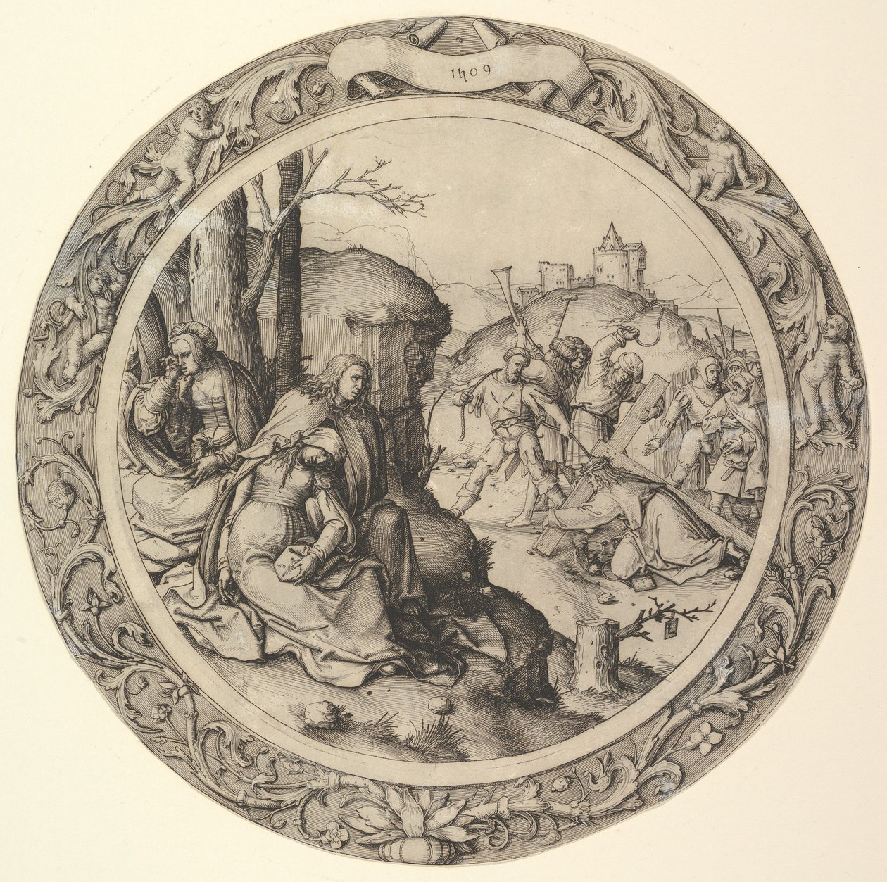 Kristus kantaa ristiä, pyöreästä kärsimyksestä, 1509. tekijältä Lucas van Leyden
